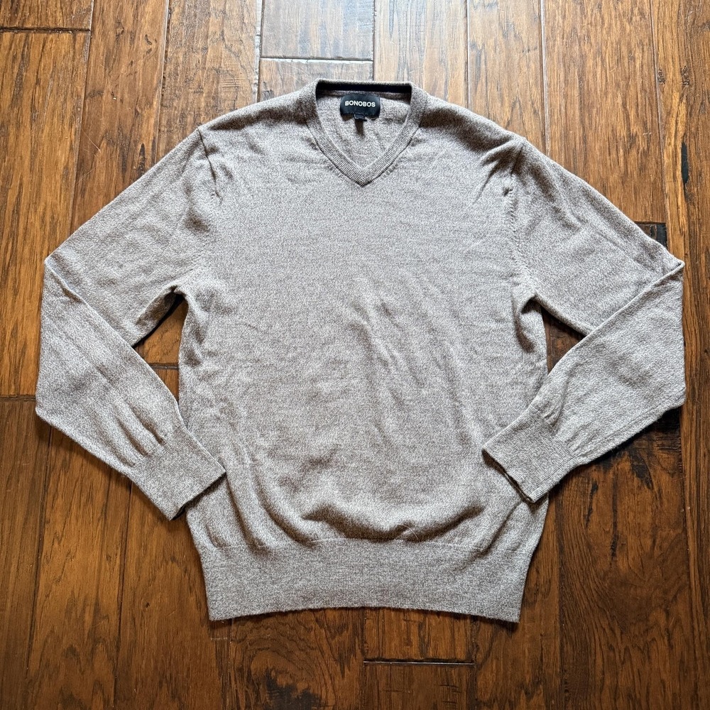 Bonobos Sweater Mens Heather Brown Merino Wool Lightweight V Neck Pullover Knit